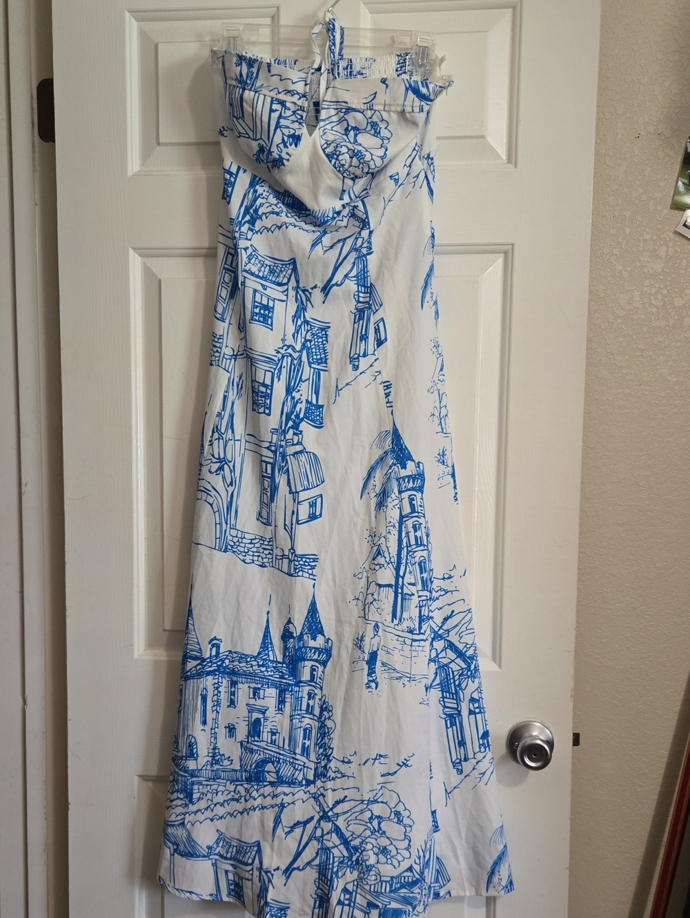 SHEIN White Maxi Dress with Blue Scenic Toile Print